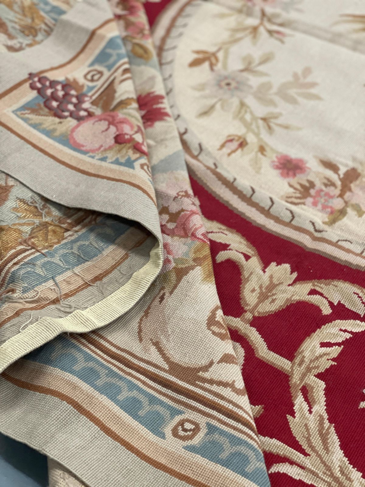 Red Beige Aubusson Rug French Traditional Carpet Handwoven Floral Needlepoint photo vintage