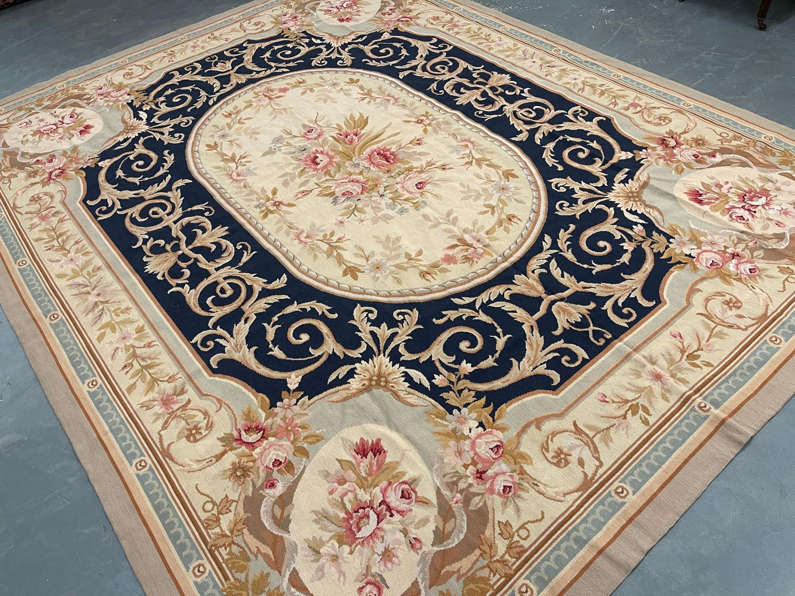 Traditional Aubusson Rug Handwoven Carpet Navy Blue Wool Needlepoint Home Decor photo for sale