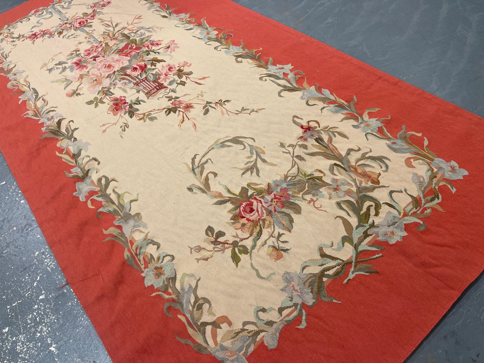 Blush Pink Carpet Aubusson Rug Vase Floral Area Rug Handwoven Home Needlepoint photo for sale