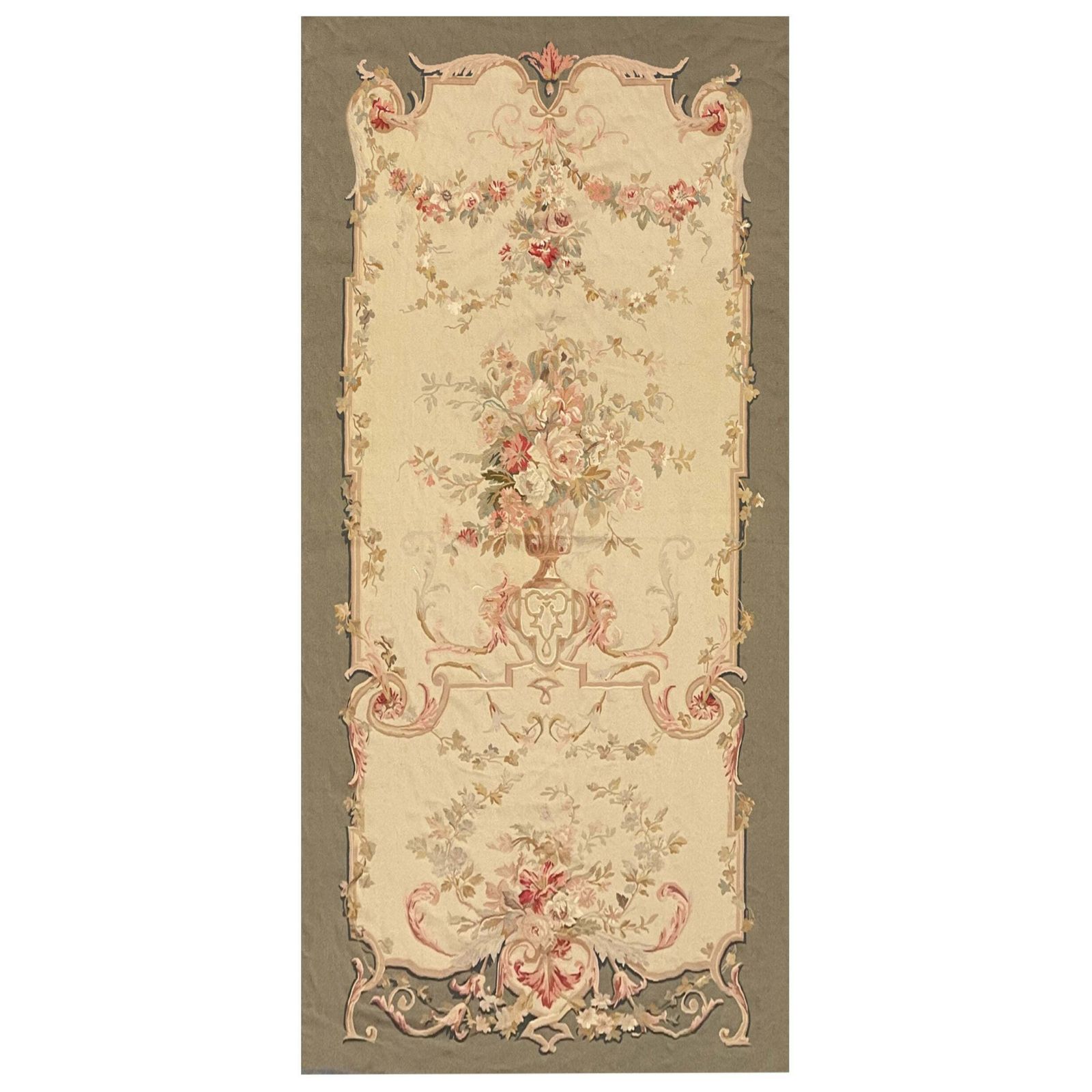Traditional Green Baige Rug Carpet Aubusson Style Area Rug Wool Handwoven Runner