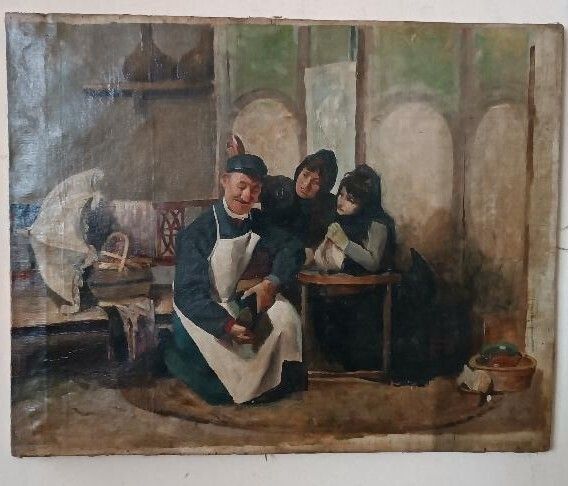 Antique Oil Painting On Canvas, Italian School, 19th Century, "The Shoemaker" photo furniture