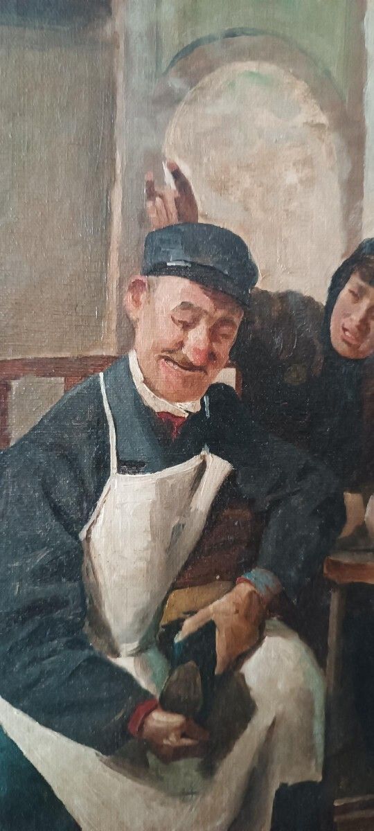 Antique Oil Painting On Canvas, Italian School, 19th Century, "The Shoemaker" photo buy