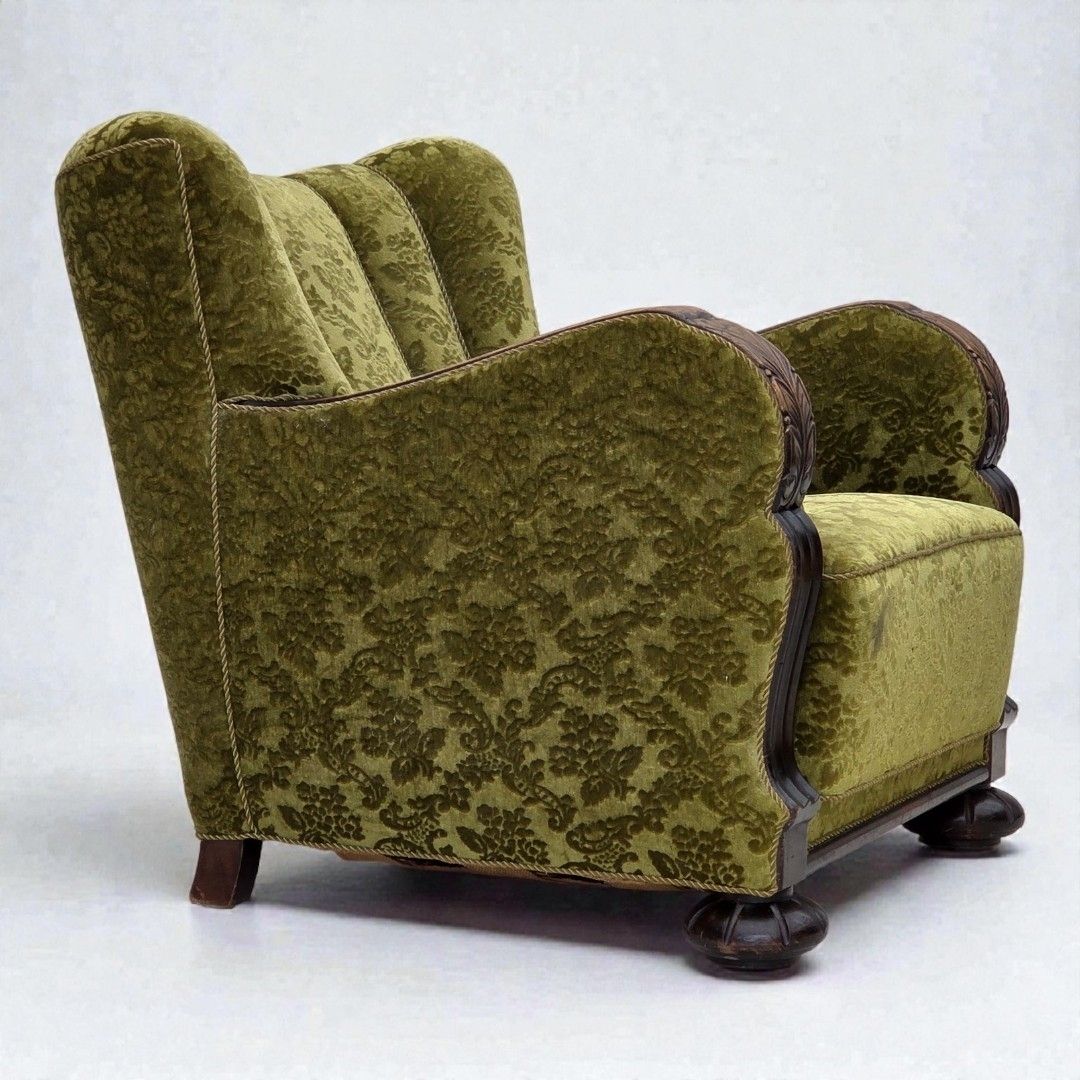 Ca. Jaren 1950, Deense Relaxfauteuil, Meubelvelours, Eikenhout.