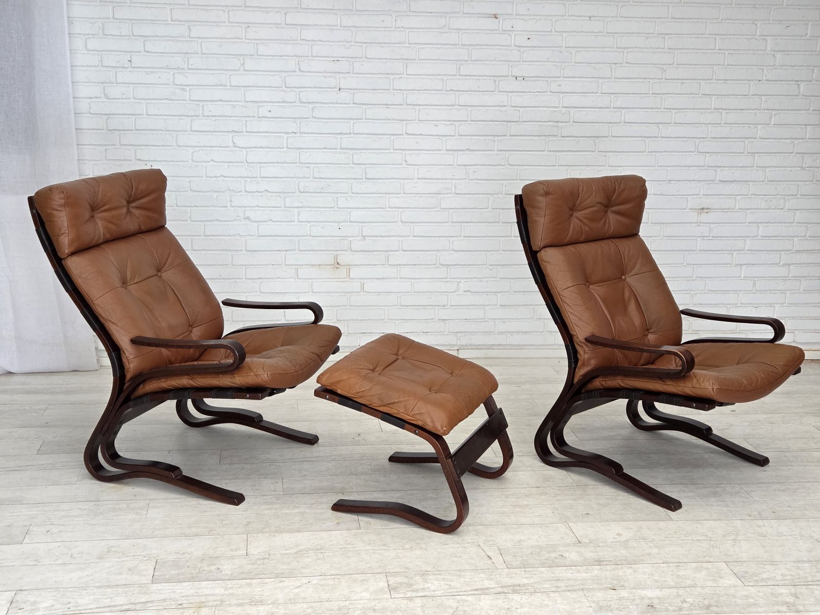 1970s, Norwegian Design By Else & Nordahl Solheim, Set Of 2 Chairs With Footstool, Model "Kengu". photo for sale