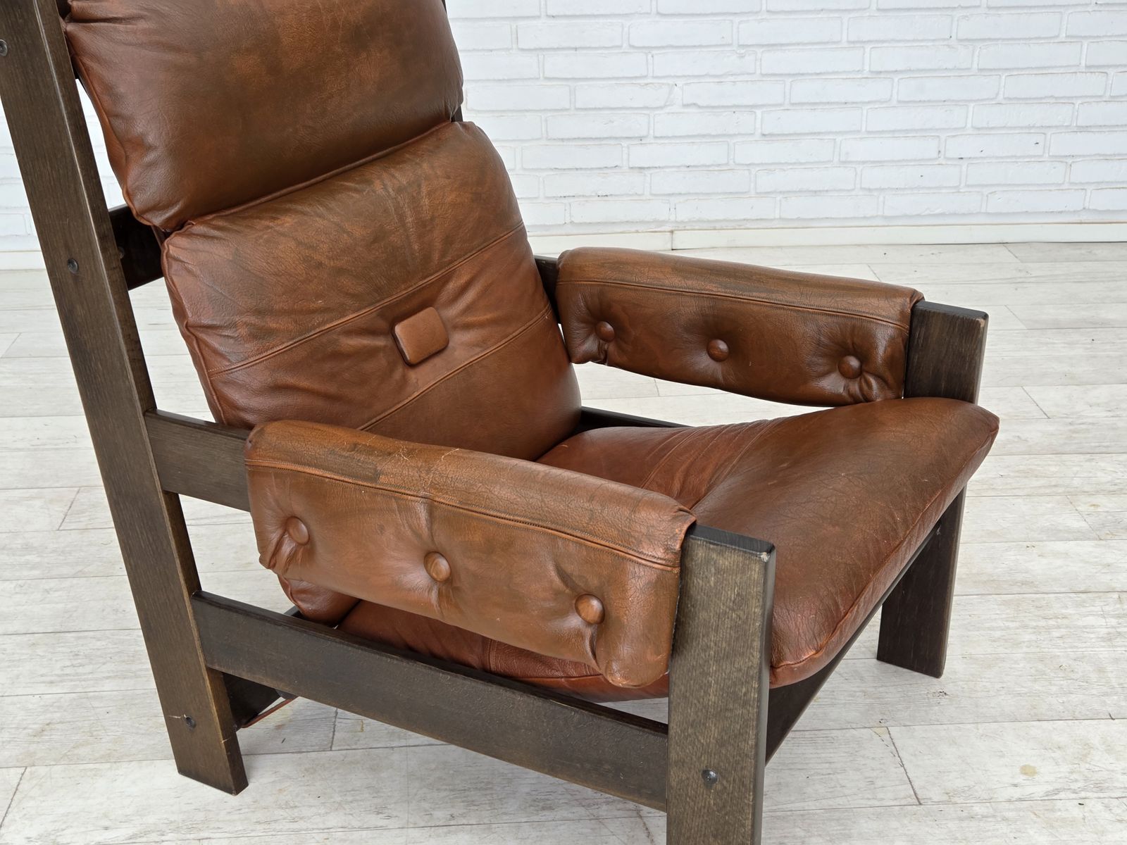 1970s, Scandinavian Armchair, Furniture Leather, Canvas, Oak Wood. photo furniture