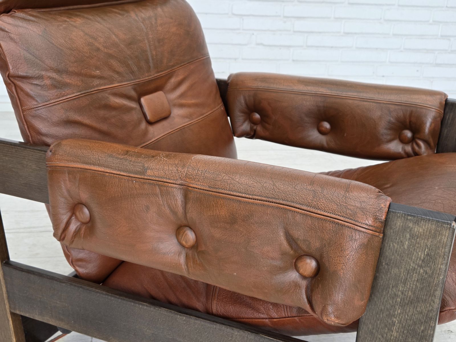1970s, Scandinavian Armchair, Furniture Leather, Canvas, Oak Wood. photo Furniture