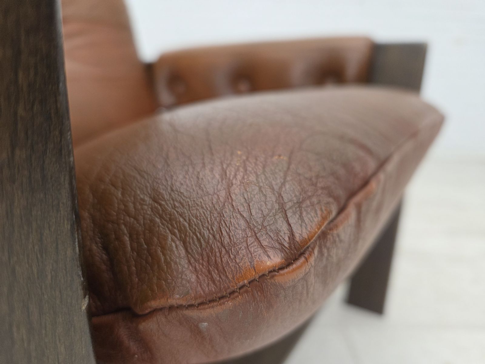 1970s, Scandinavian Armchair, Furniture Leather, Canvas, Oak Wood. photo buy