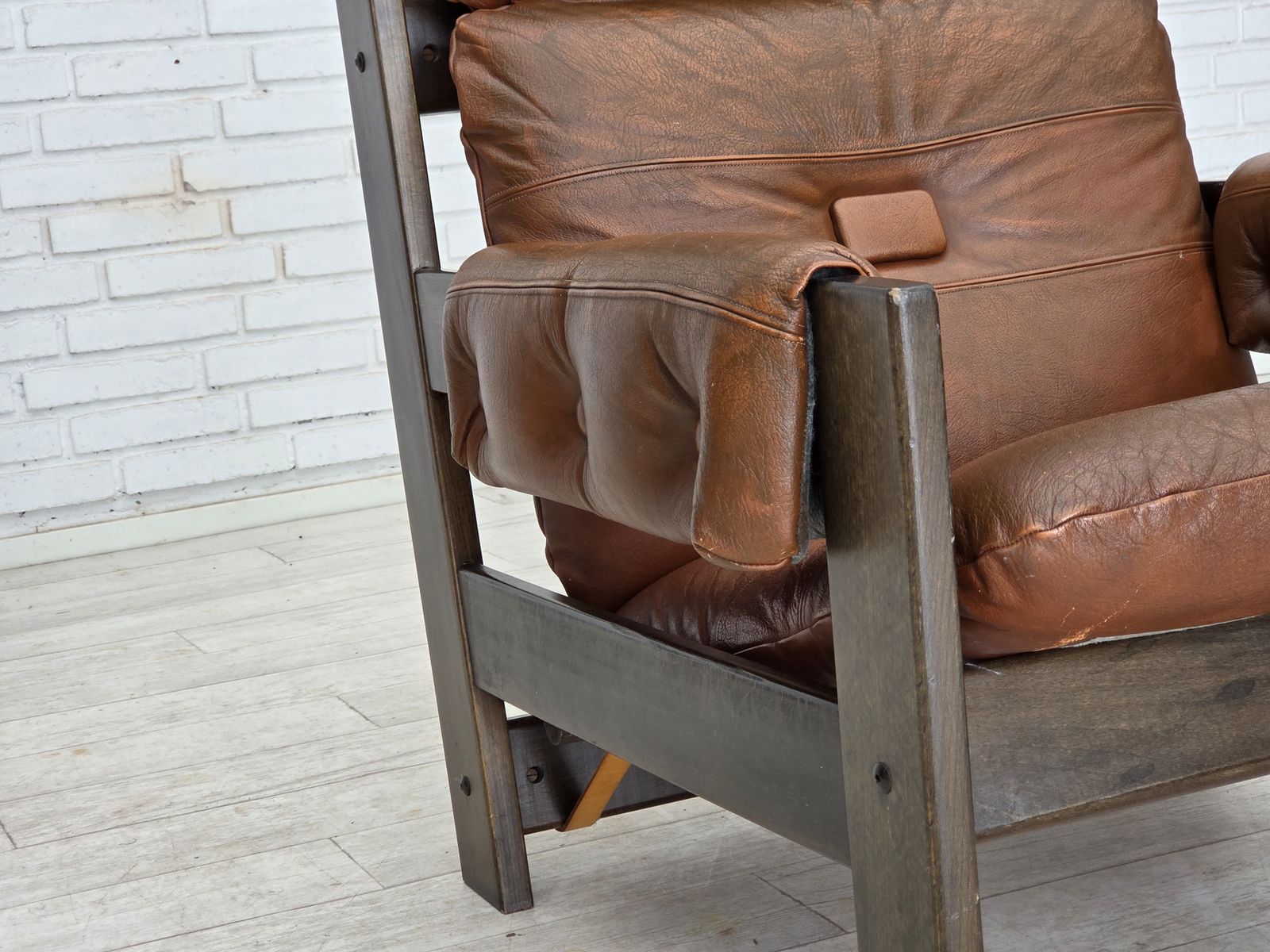 Furniture 1970s, Scandinavian Armchair, Furniture Leather, Canvas, Oak Wood. photo