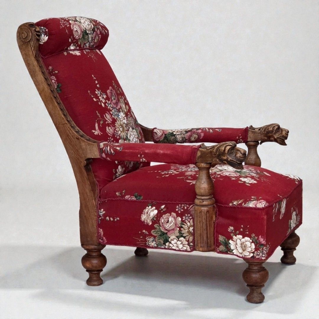 1920 30s, Danish Armchair, Furniture Cotton Fabric, Hand Carved Oak Wood.