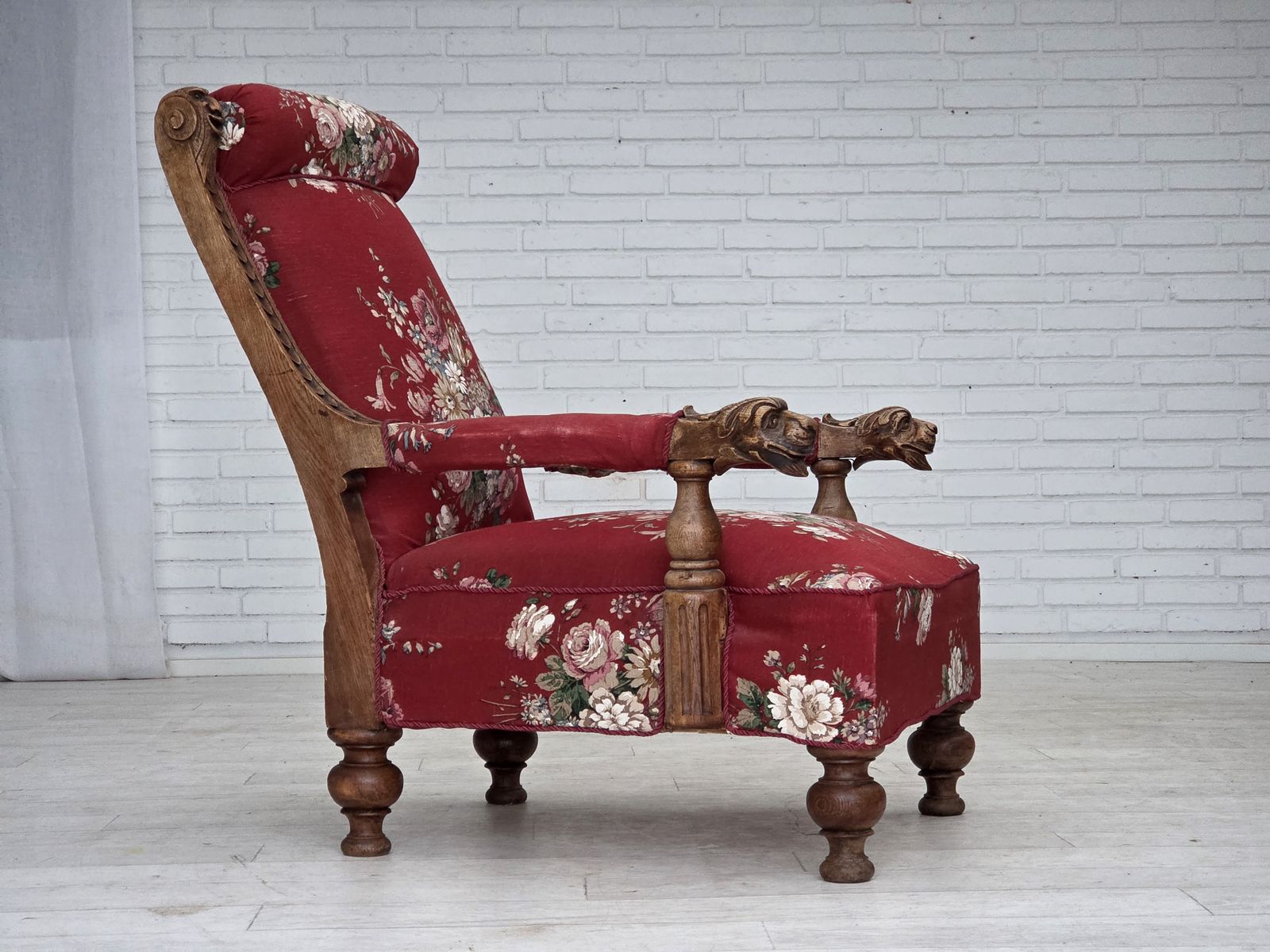 1920 30s, Danish Armchair, Furniture Cotton Fabric, Hand Carved Oak Wood. photo furniture