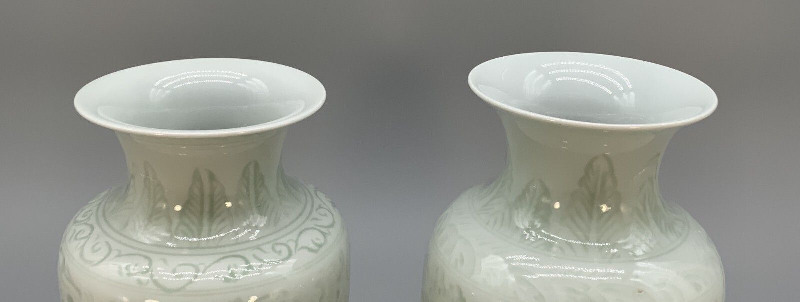 Pair Chinese Meiping Vases Carved Celadon Pale Green Qianlong Mark 20th Century photo for sale