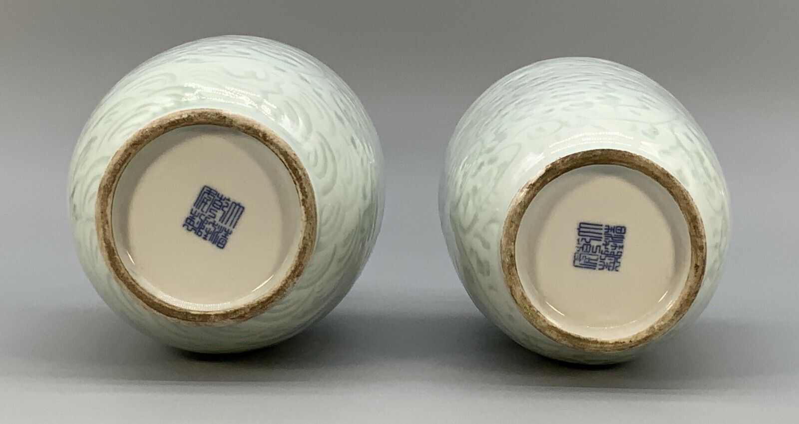 photo for sale Pair Chinese Meiping Vases Carved Celadon Pale Green Qianlong Mark 20th Century