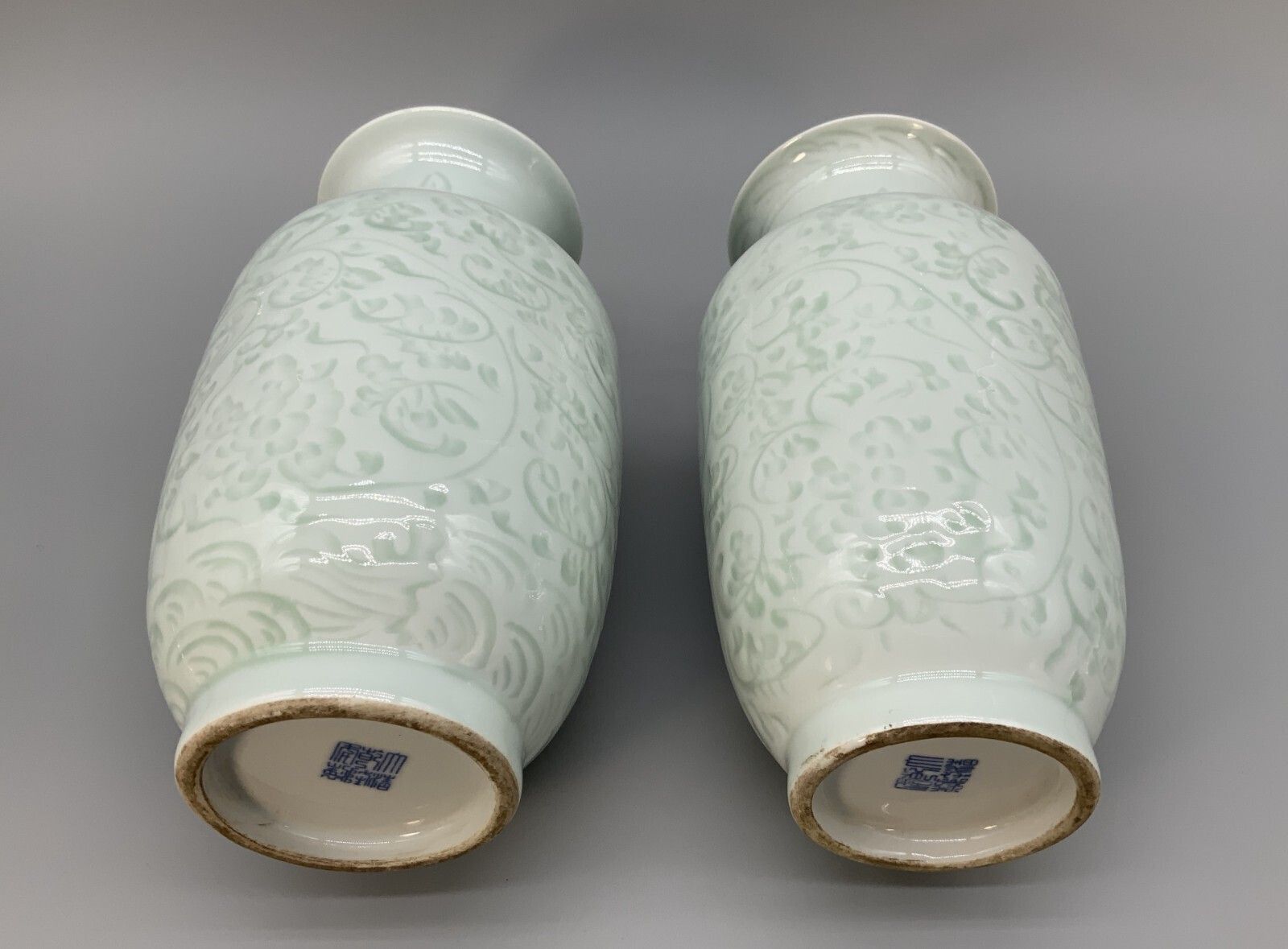 Home Decor Pair Chinese Meiping Vases Carved Celadon Pale Green Qianlong Mark 20th Century photo