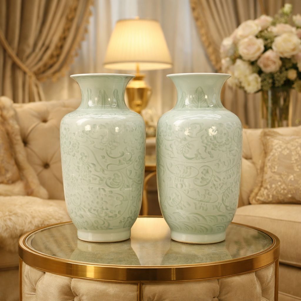 395.0 Pair Chinese Meiping Vases Carved Celadon Pale Green Qianlong Mark 20th Century photo