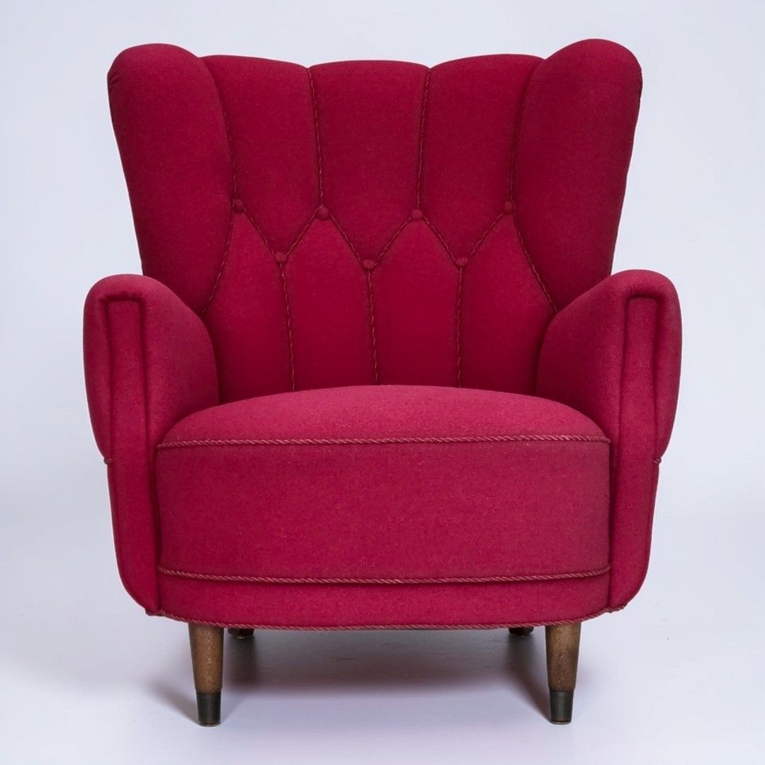 Jaren 1960, Deense Fauteuil, Meubelwol, Beukenhouten Poten.