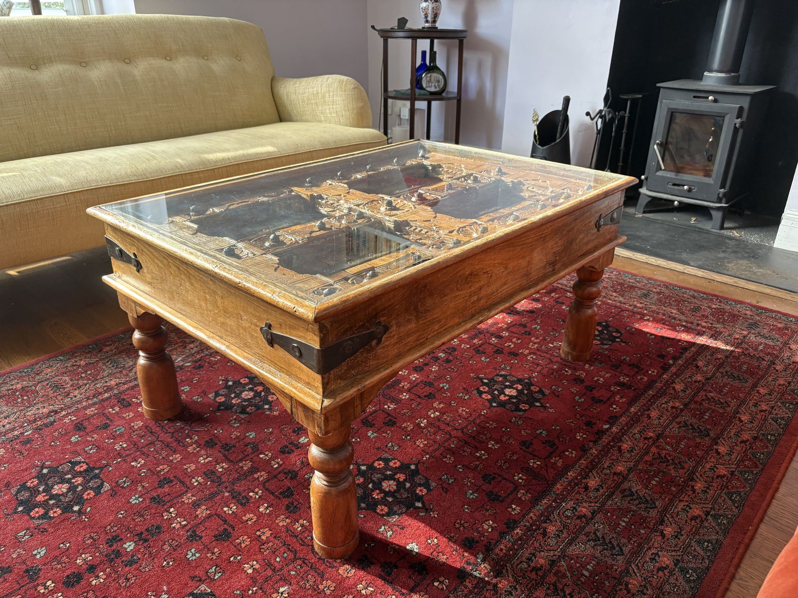 Antique Indian Reclaimed Palace Carved Teak Coffee Table photo vinterior