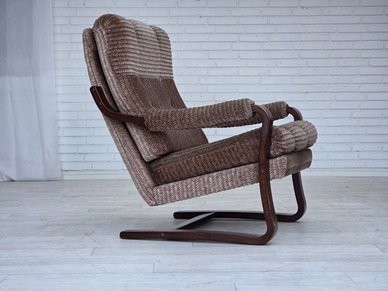 1970s, Danish Armchair, Light Brown Furniture Corduroy, Dark Beech Wood. photo furniture