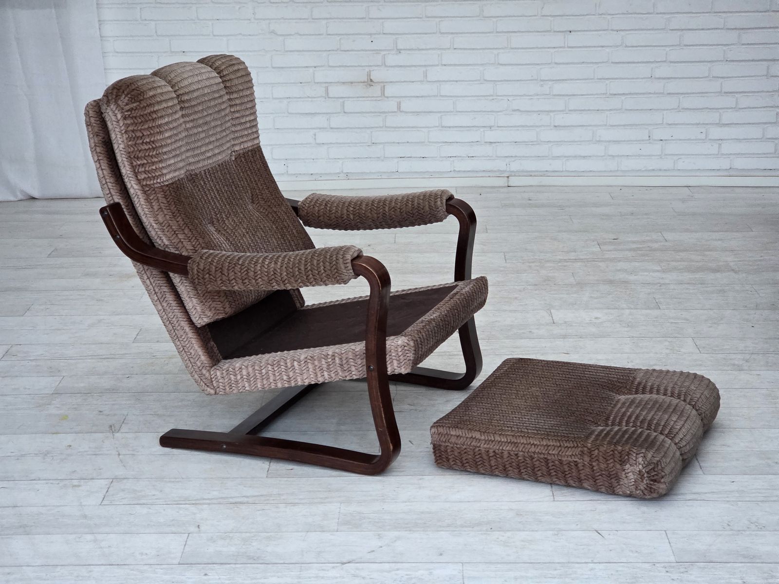1970s, Danish Armchair, Light Brown Furniture Corduroy, Dark Beech Wood. photo vinterior