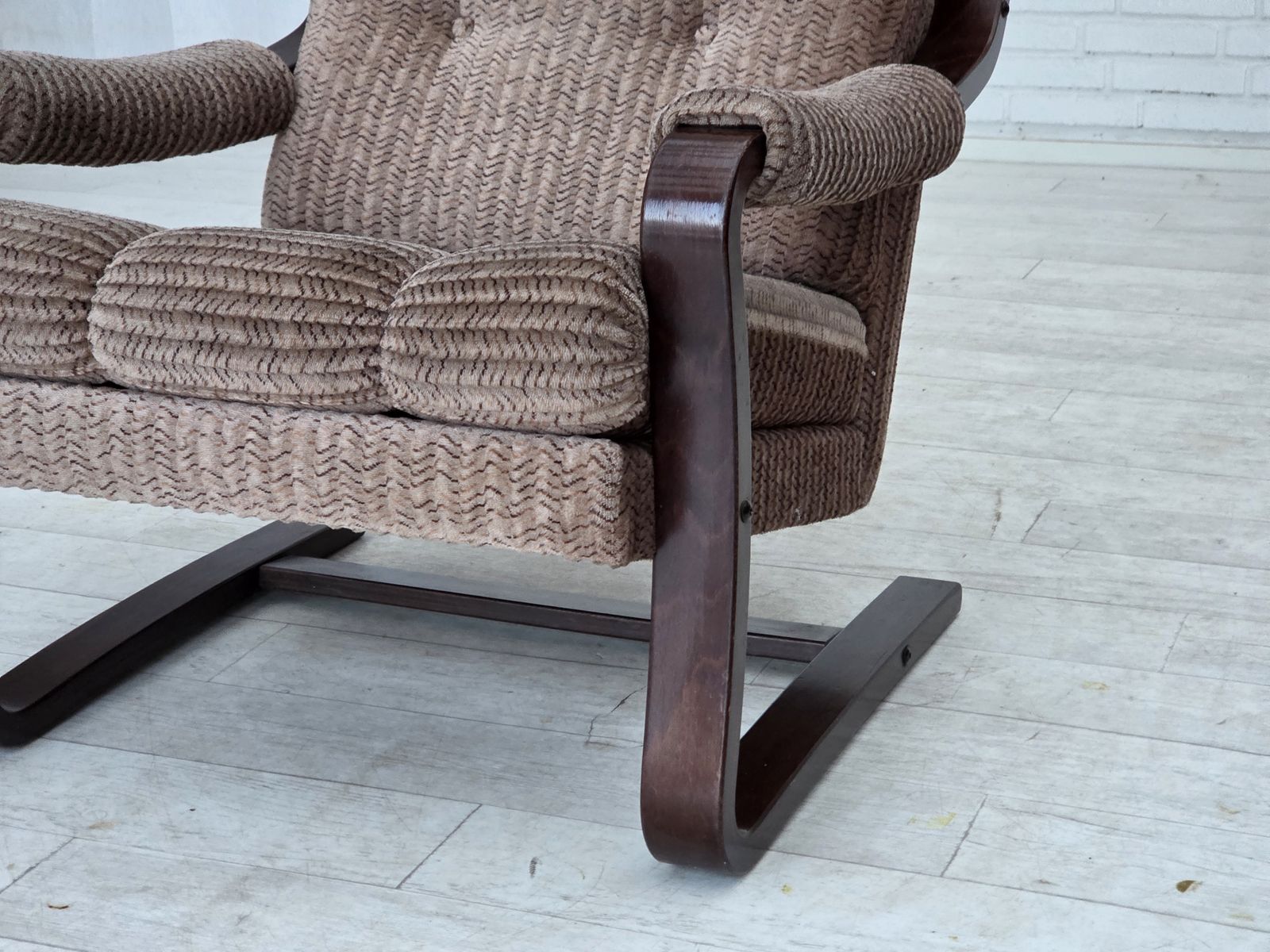 photo furniture 1970s, Danish Armchair, Light Brown Furniture Corduroy, Dark Beech Wood.