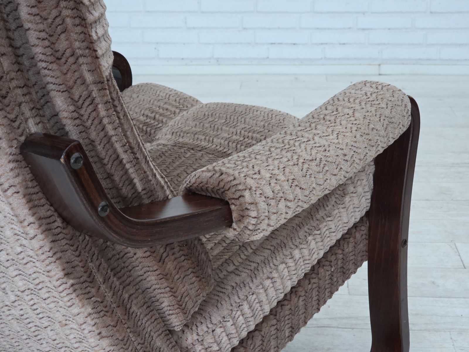 980.0 1970s, Danish Armchair, Light Brown Furniture Corduroy, Dark Beech Wood. photo
