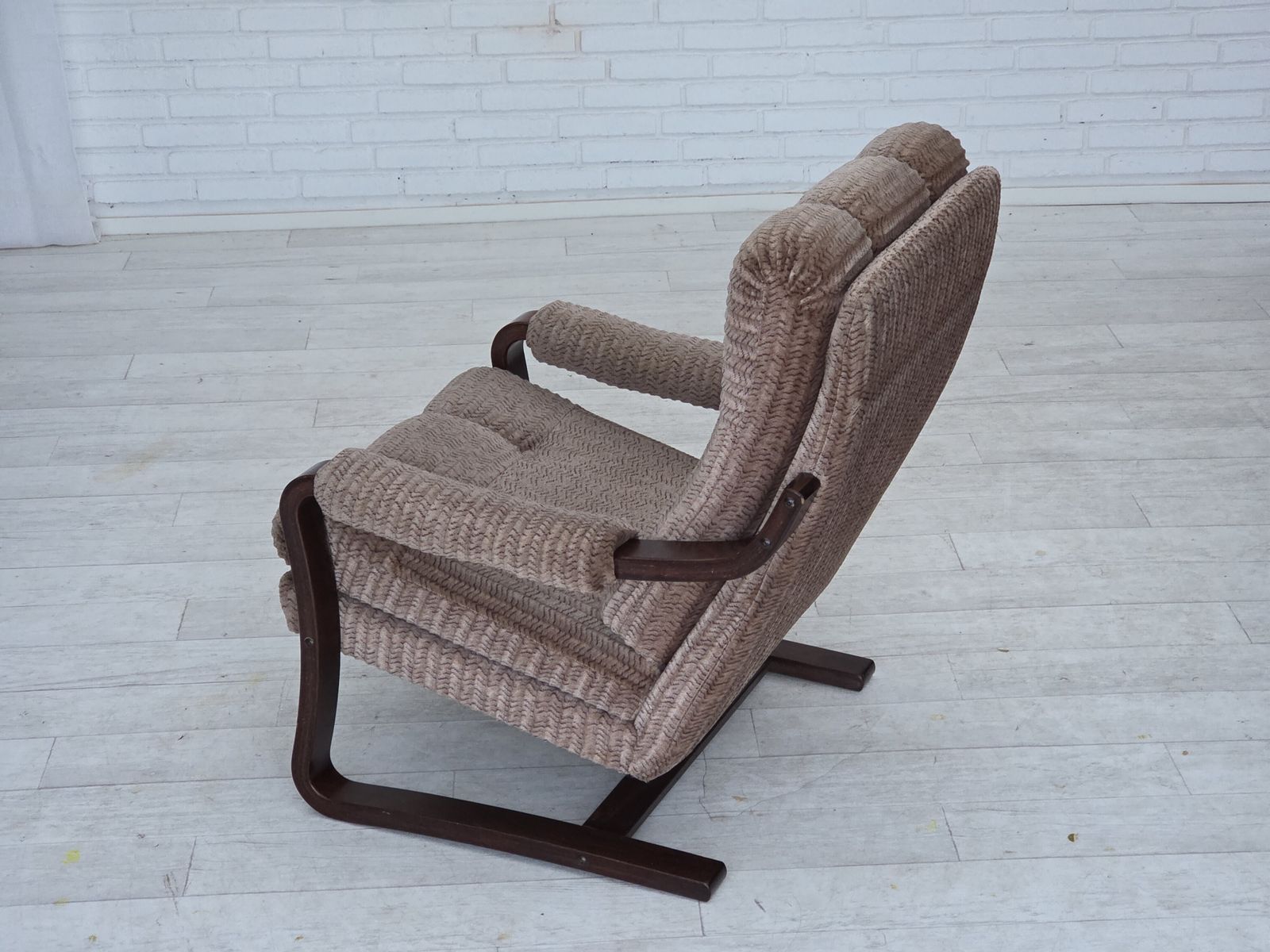 photo buy 1970s, Danish Armchair, Light Brown Furniture Corduroy, Dark Beech Wood.