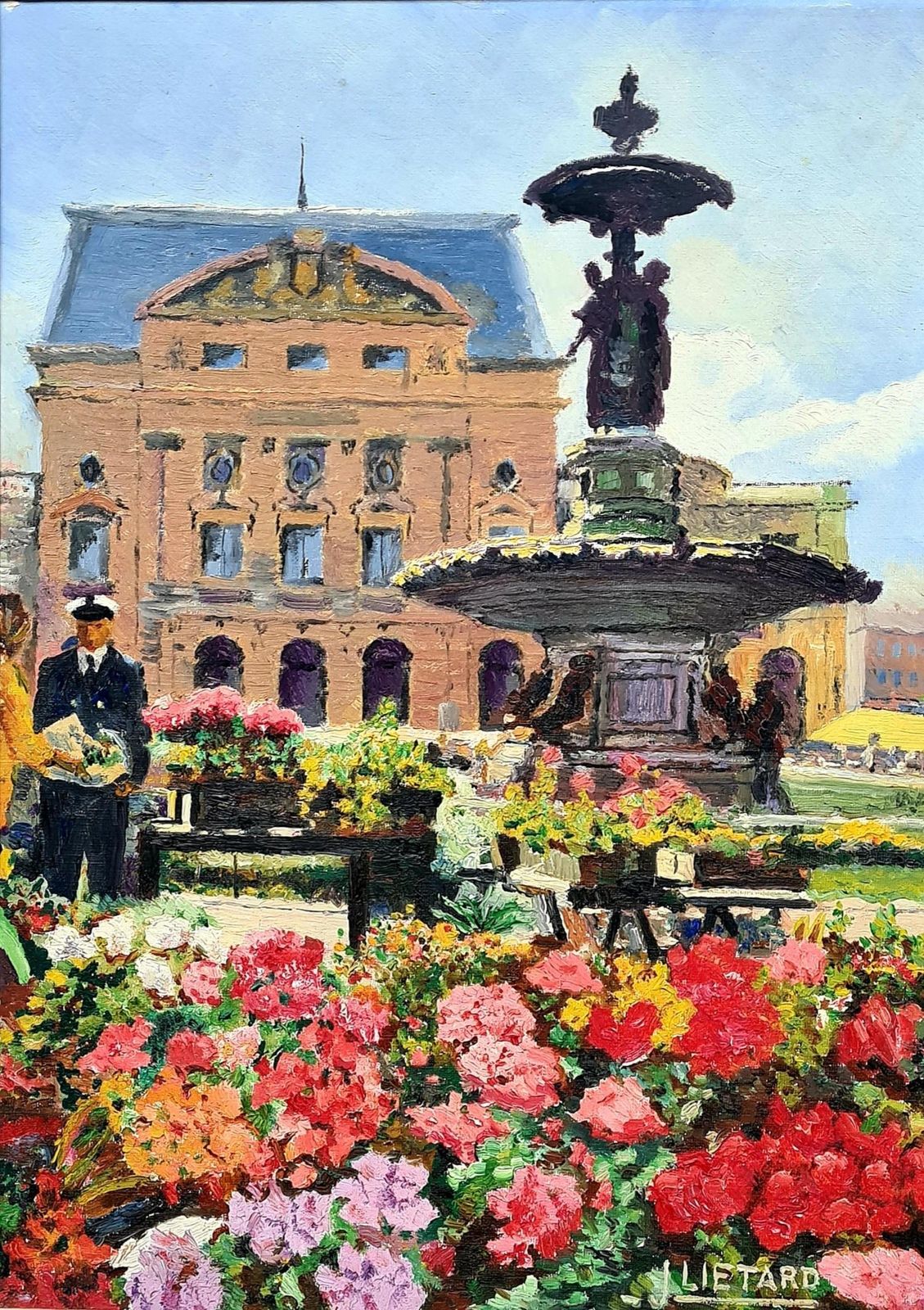 1960s Framed Romantic Oil Painting Of The Flower Market And Theatre De Cherbourg Byj Lietard photo furniture