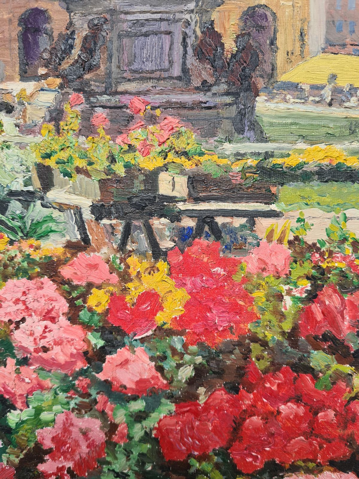 1960s Framed Romantic Oil Painting Of The Flower Market And Theatre De Cherbourg Byj Lietard photo Art