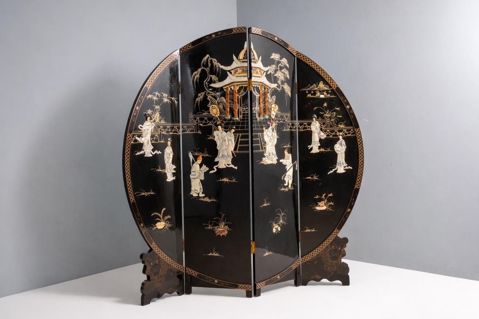 Chinese Export Black Lacquer And Mother Of Pearl Folding Screen Mid 20th Century