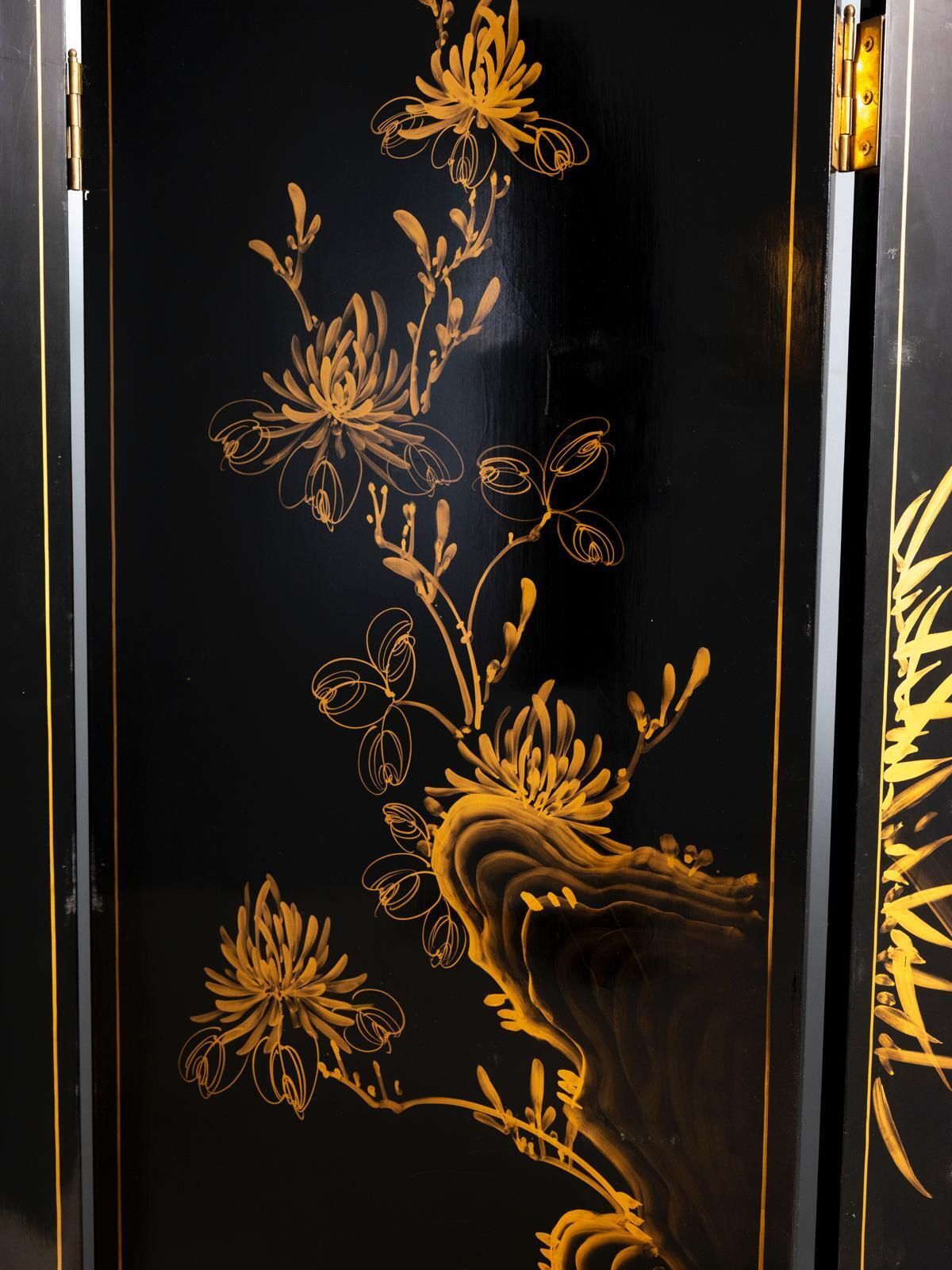 Chinese Export Black Lacquer And Mother Of Pearl Folding Screen Mid 20th Century photo Home Decor