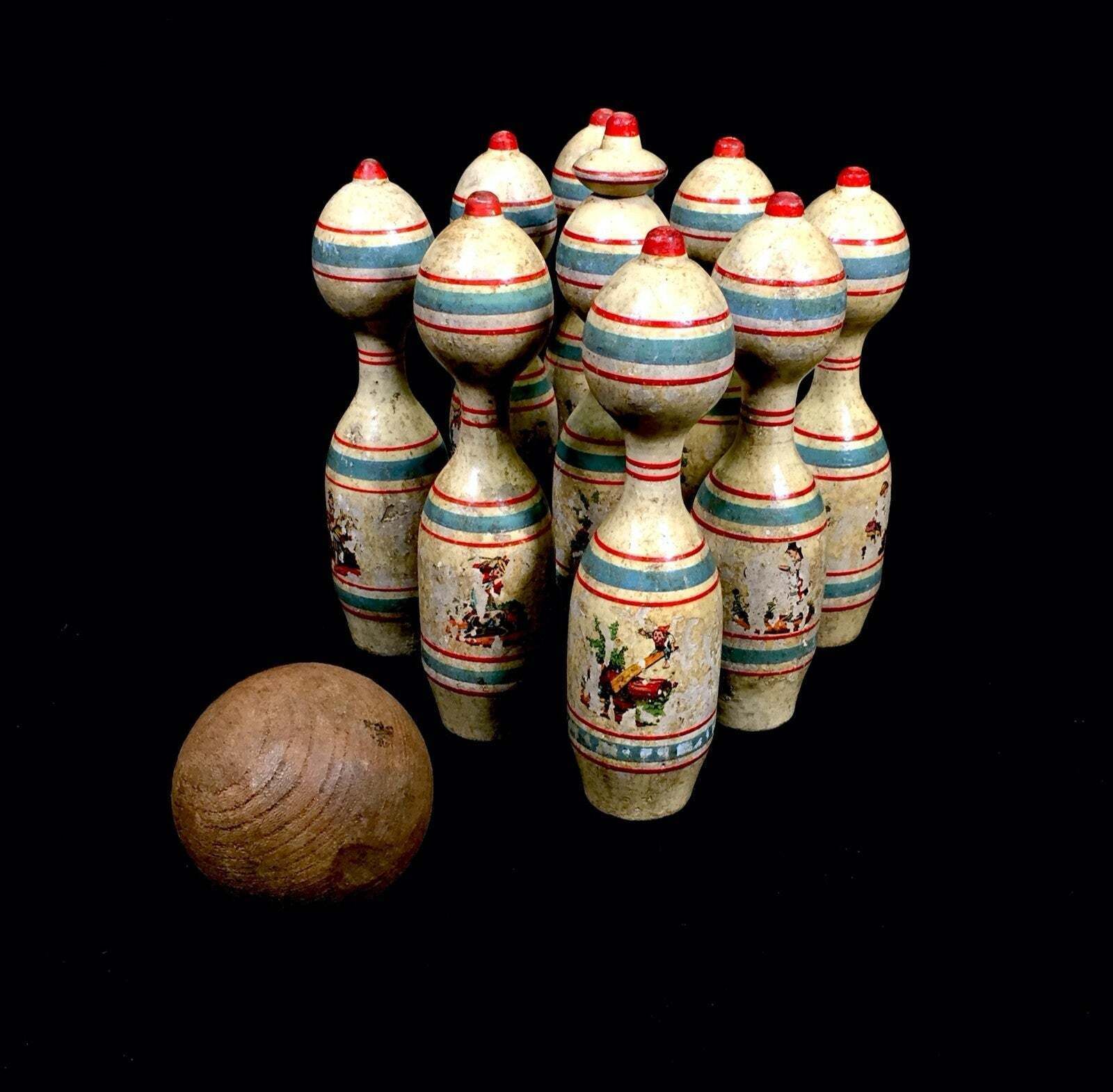 Antique Set Of Early 20th Century Wooden Skittles And Ball Game  Bowling C.1900 photo for sale