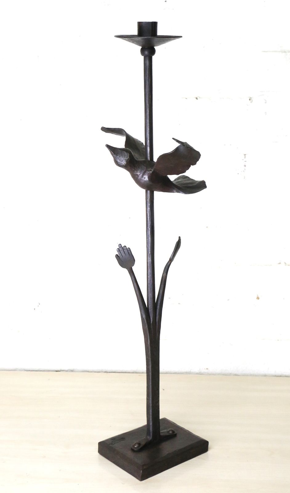 A Unique & Large Wrought Iron Sculptural Candlestick Featuring A Bird And Hands Freedom Beautifully Made photo furniture