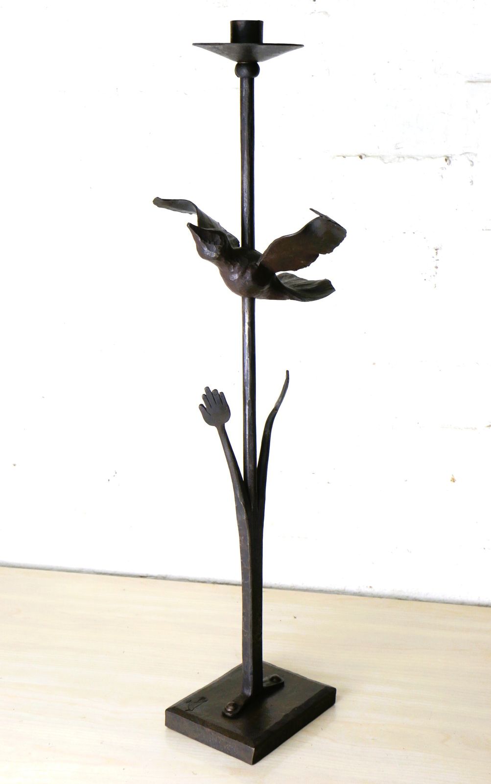237.0 A Unique & Large Wrought Iron Sculptural Candlestick Featuring A Bird And Hands Freedom Beautifully Made photo