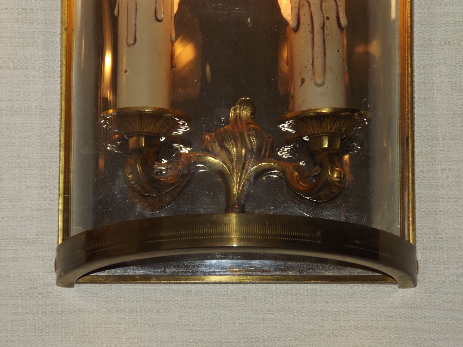 Pair Of French Mid Century Double Brass And Chrome Wall Sconces With Half Round Glass Fronts photo for sale
