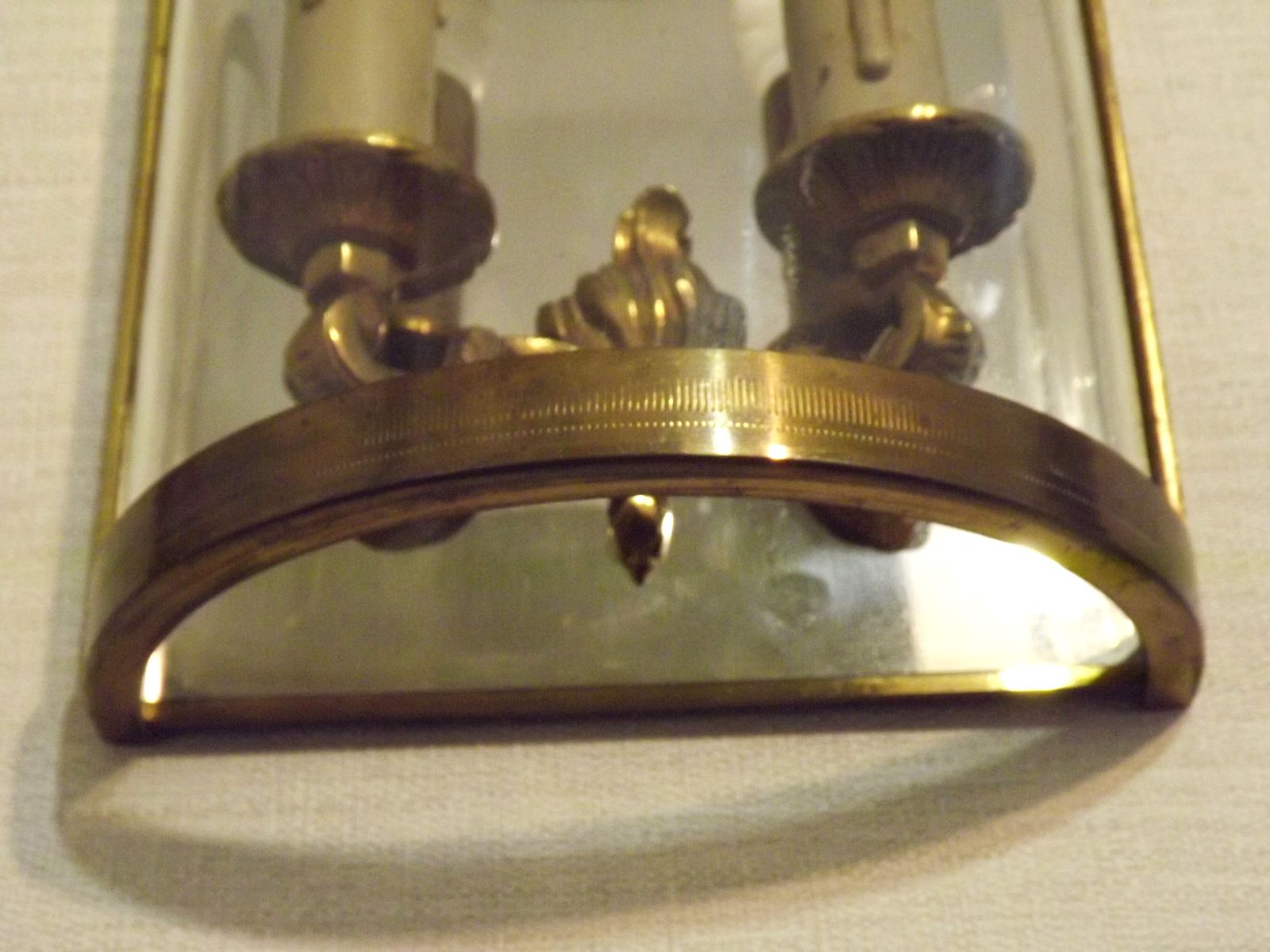 Lighting Pair Of French Mid Century Double Brass And Chrome Wall Sconces With Half Round Glass Fronts photo