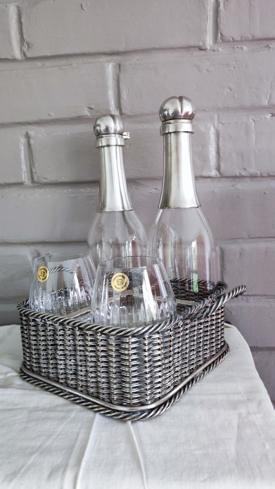 Victorian Silver Plated Decanter Set In Basket With Glasses