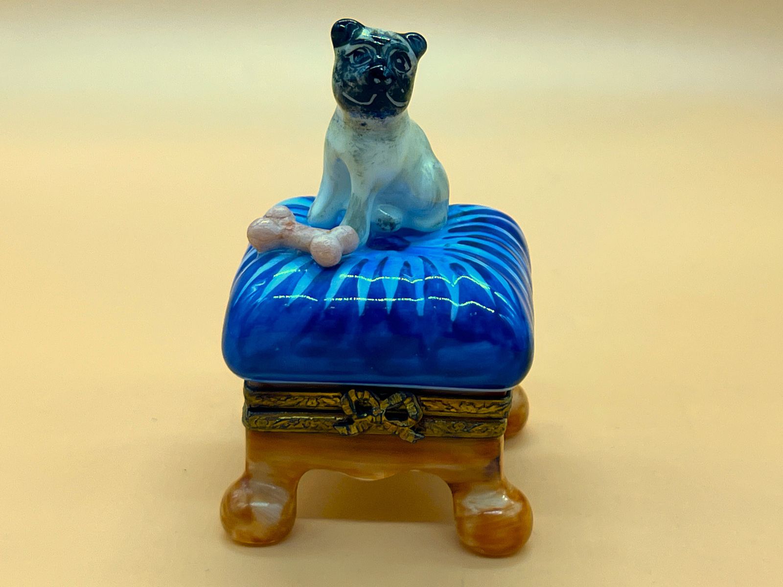Dubarry Limoges Porcelain France Pug Dog With Bone Shaped Hinged Trinket / Jewelry Box.