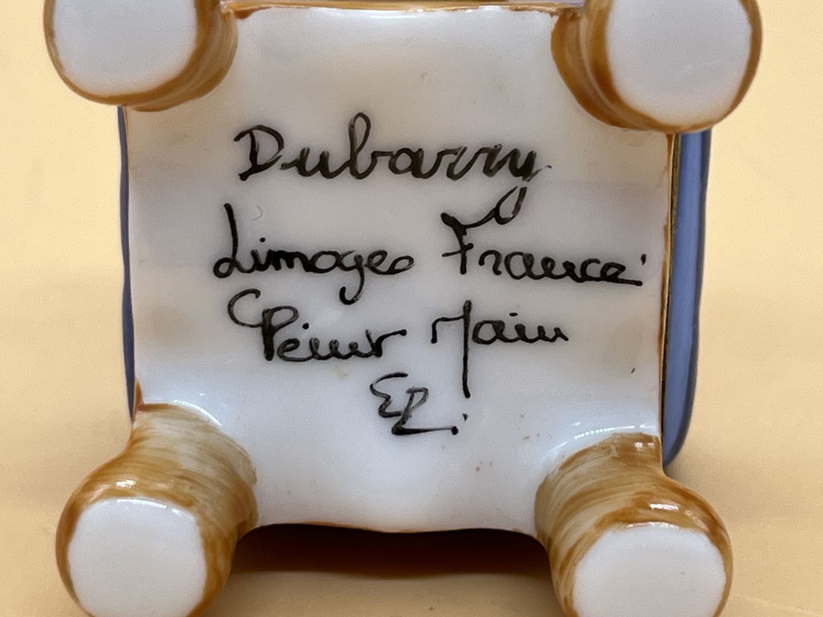 photo furniture Dubarry Limoges Porcelain France Pug Dog With Bone Shaped Hinged Trinket / Jewelry Box.