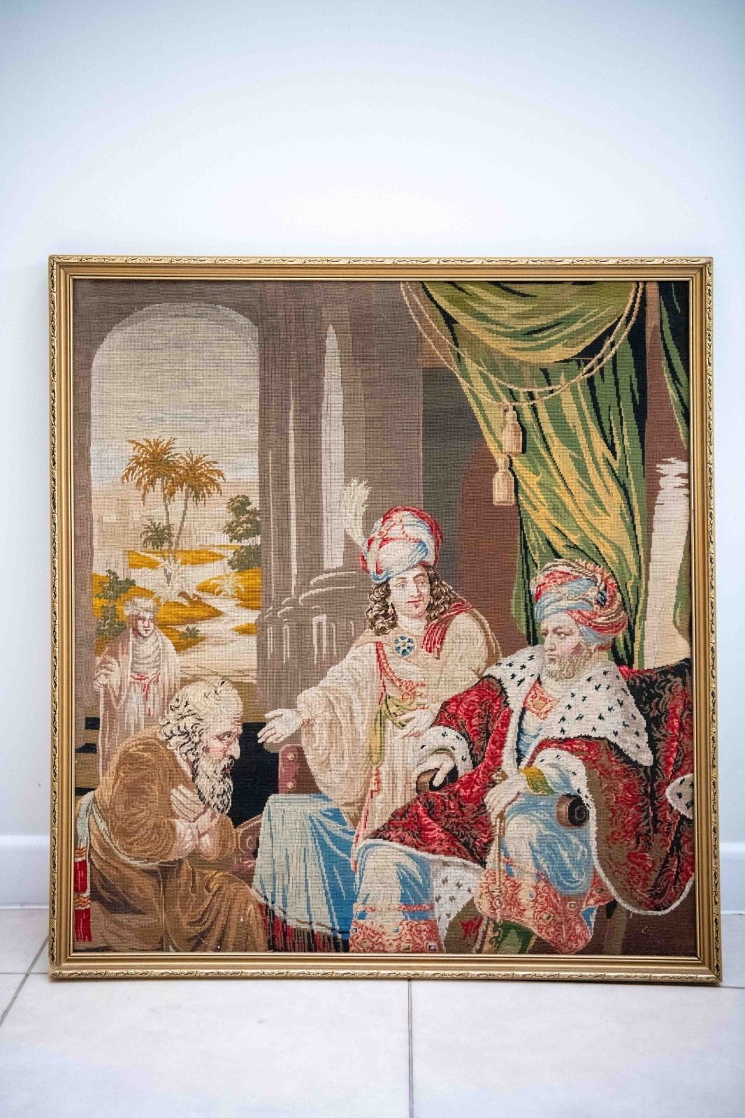 Large Antique Continental Needlepoint Tapestry Picture, Biblical  Scene, C.1890