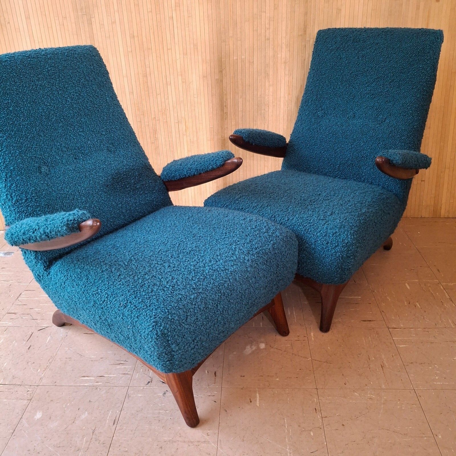 photo furniture Fab Vintage Pair Greaves & Thomas Teak Lounge Armchairs & Footstools Designers Guild Boucle