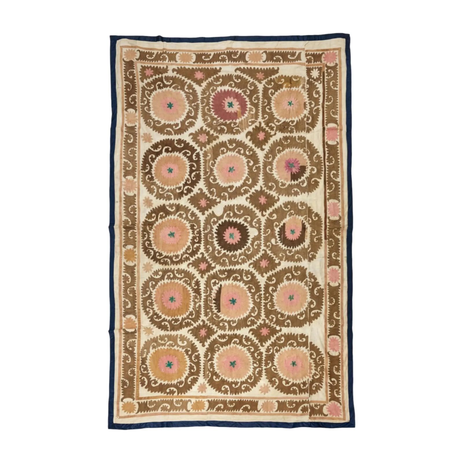 Vintage Uzbek Suzani Rug, Warm Camel Brown & Muted Rose, Hand Embroidered Textile