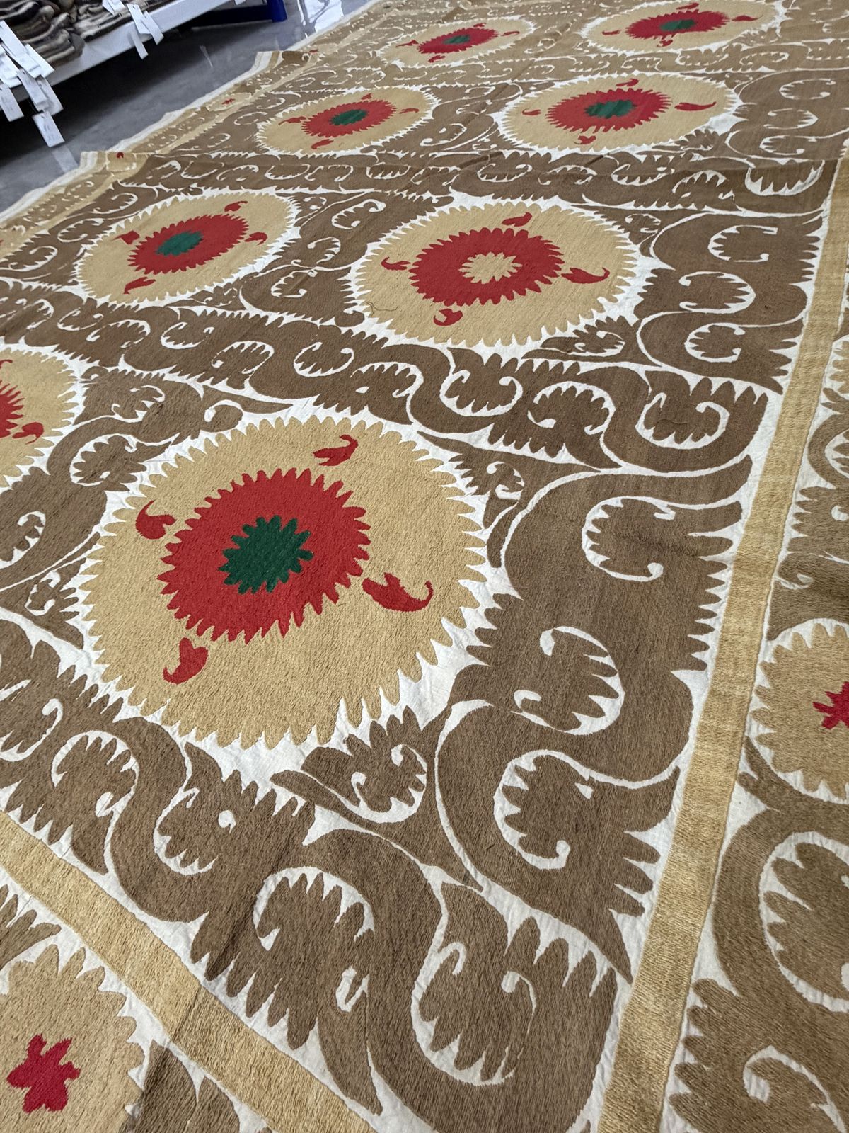 Vintage Uzbek Suzani Textile, Camel Brown, Coral Red & Emerald Green Medallions Bedspread photo for sale
