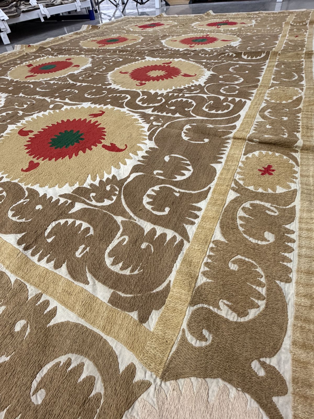 Textiles Vintage Uzbek Suzani Textile, Camel Brown, Coral Red & Emerald Green Medallions Bedspread photo