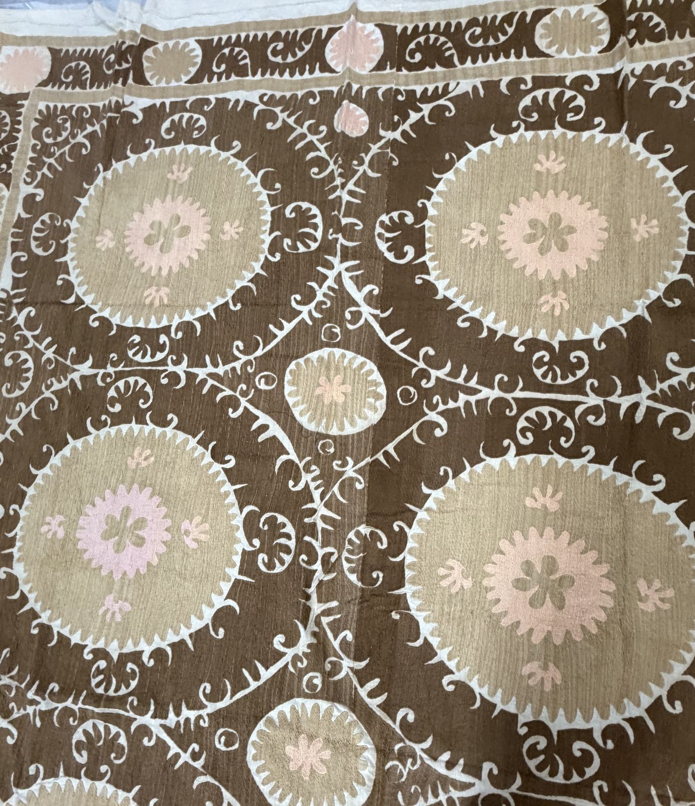 photo for sale Large Cotton Suzani From Samarkand Uzbekistan, 1930s Suzani Terracotta Wall Hanging Tapestry   Neutral Uzbek Bedspread