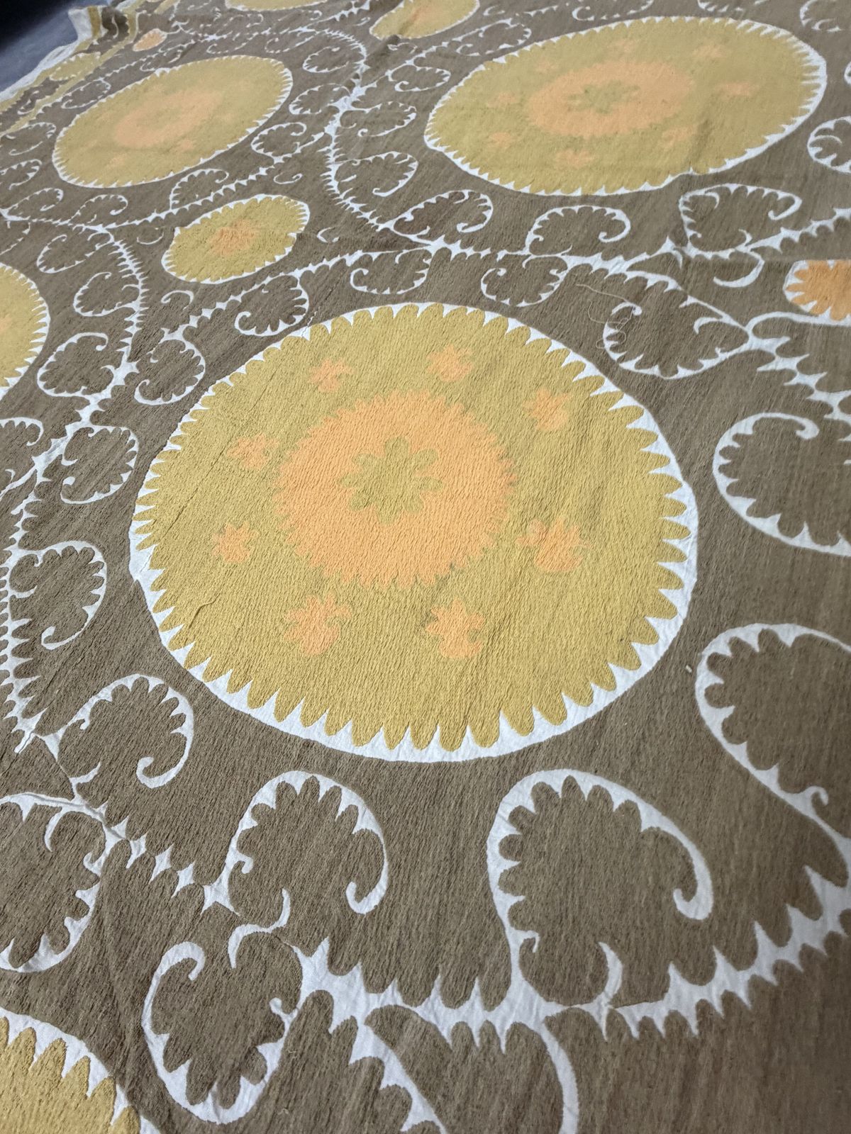 Decorative Suzani Embroidery | Mustard Brown Living Room Wall Hanging 6'11'' X 10'3'' photo Textiles