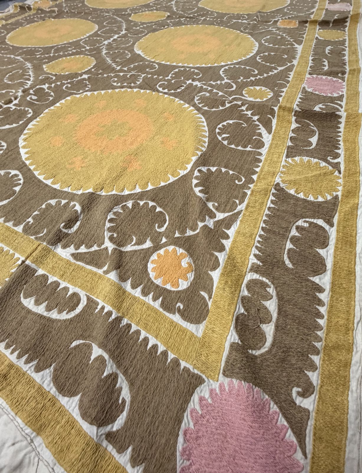 Decorative Suzani Embroidery | Mustard Brown Living Room Wall Hanging 6'11'' X 10'3'' photo vinterior