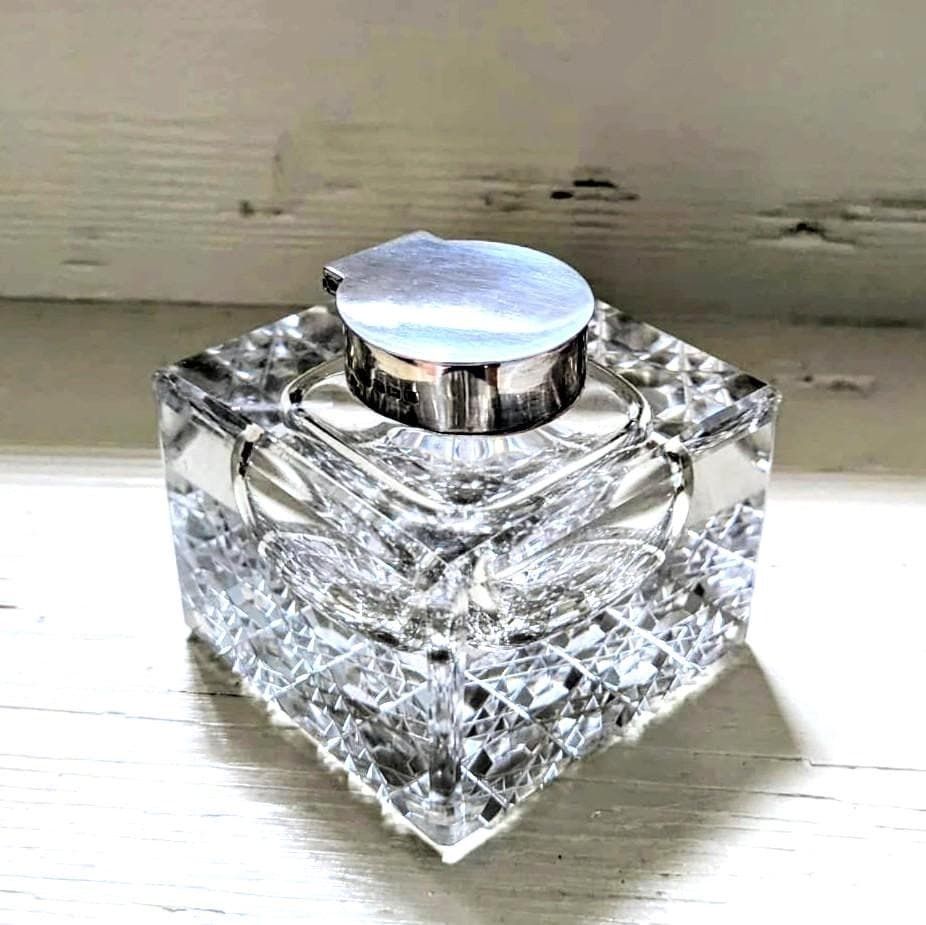 Large Antique Cut Glass Inkwell With Silver Hinged Lid, Hallmarked 1927 photo Home Decor