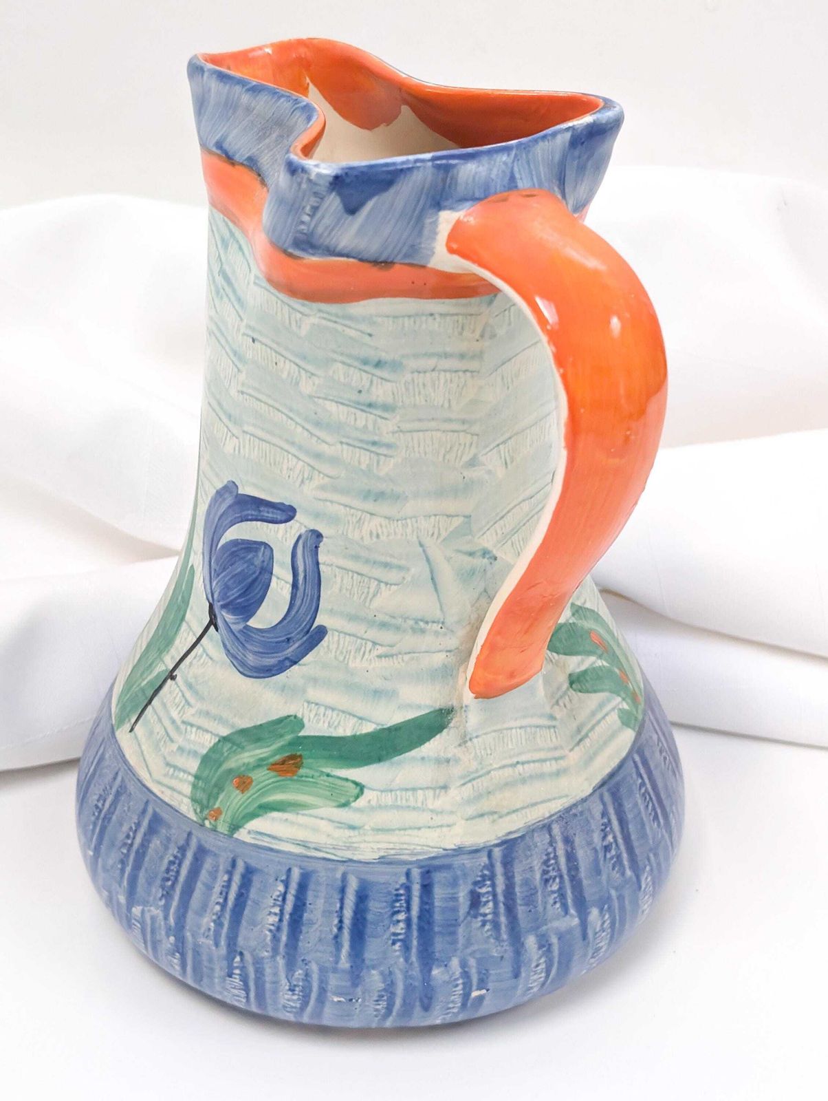 1930’s Hand Painted Pinch Neck Jug, Pitcher Or Vase In Blue Tulip Design, Made By The Myott Pottery Of Stoke On Trent, England. photo furniture