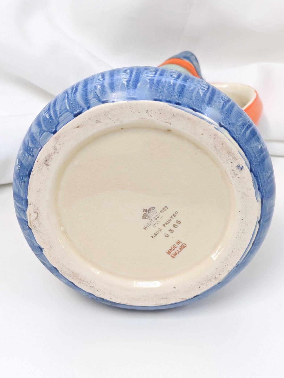 Home Decor 1930’s Hand Painted Pinch Neck Jug, Pitcher Or Vase In Blue Tulip Design, Made By The Myott Pottery Of Stoke On Trent, England. photo