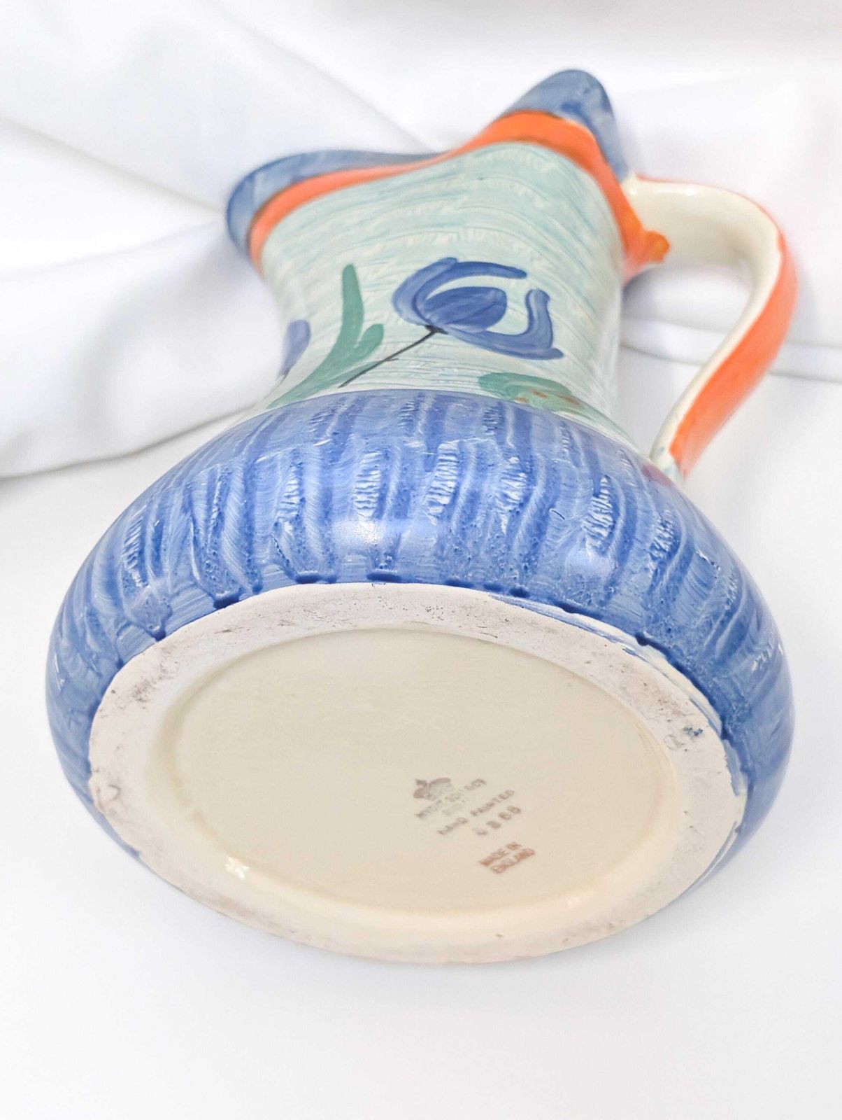 55.0 1930’s Hand Painted Pinch Neck Jug, Pitcher Or Vase In Blue Tulip Design, Made By The Myott Pottery Of Stoke On Trent, England. photo