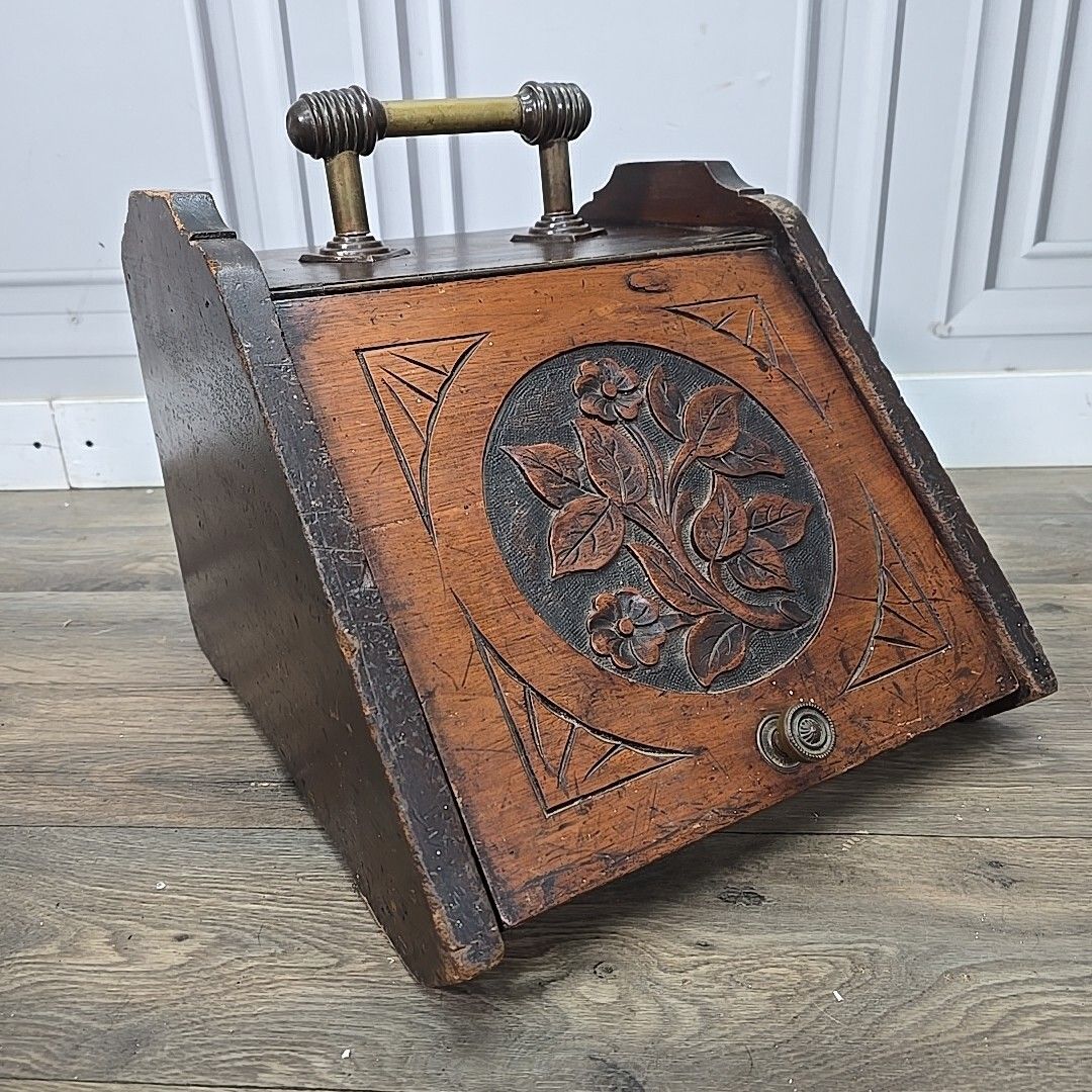 Antique Edwardian Coal Scuttle Box Wooden Fireside Carved Storage Brass Retro photo furniture
